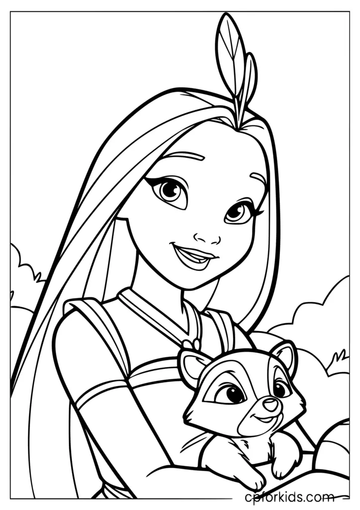 Line drawing of smiling girl holding a raccoon