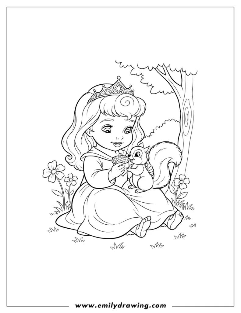 Girl with squirrel coloring page outdoors