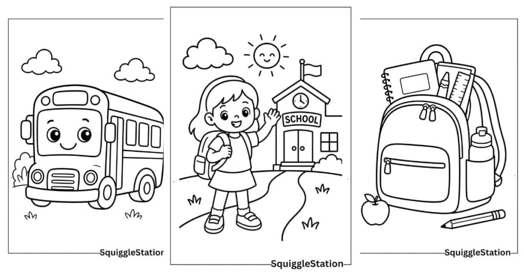 Three school-themed coloring pages: bus, girl, backpack