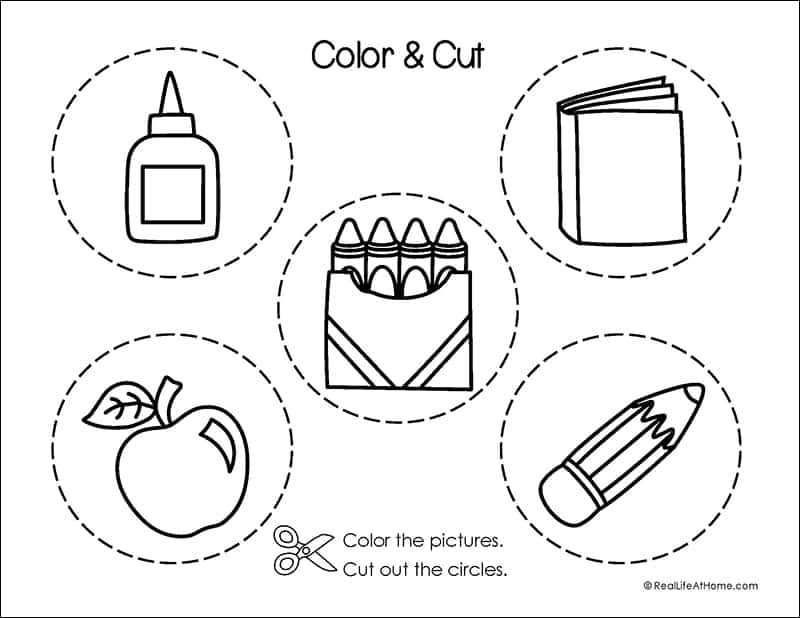 Color and cut worksheet with glue, books, crayons, apple, pencil