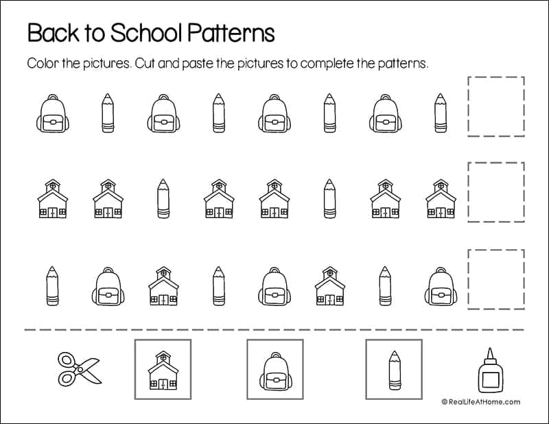 Back-to-school pattern worksheet with backpacks, crayons, schools