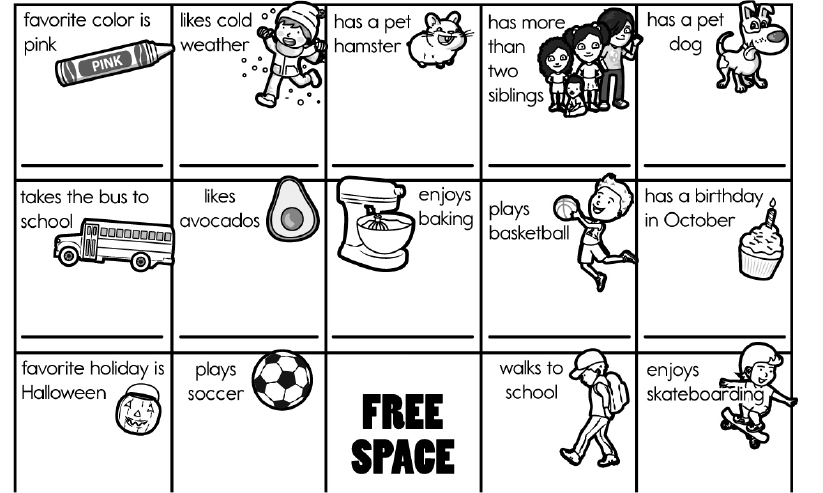 Black-and-white bingo-style worksheet with activity boxes and drawings