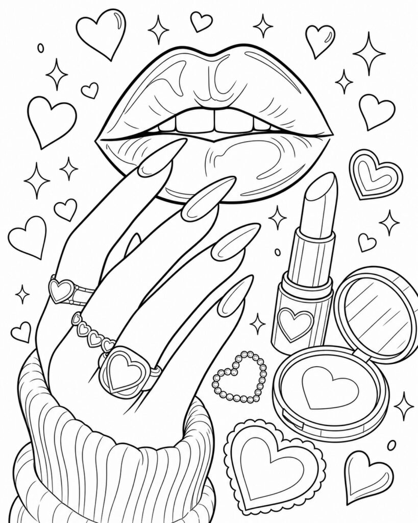 Line art of lips, manicured hand, lipstick, and hearts