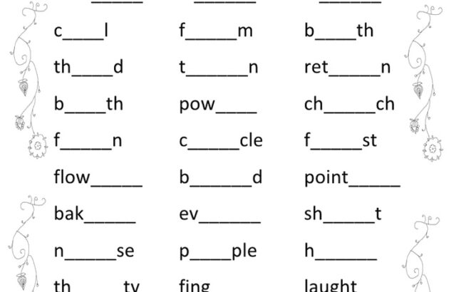 Spelling worksheet for /er/ sound with blanks and floral border