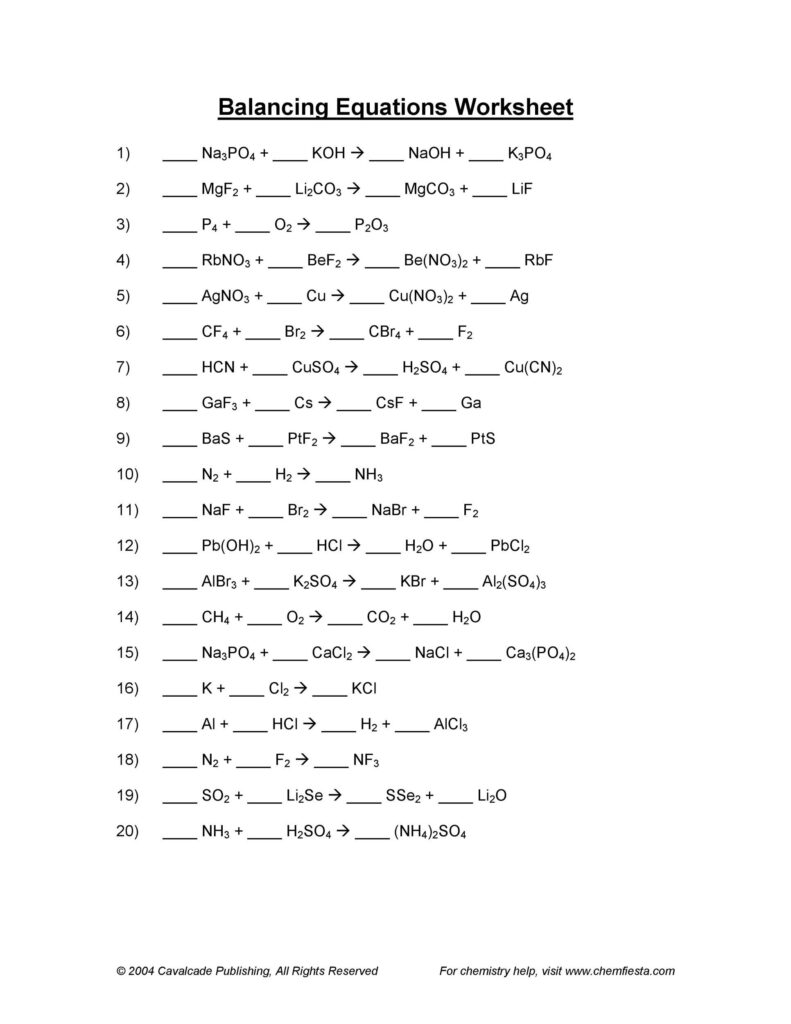 Chemistry balancing equations worksheet with 20 problems