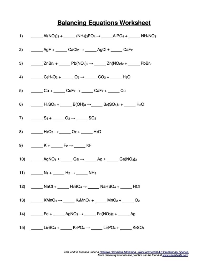 Balancing equations chemistry worksheet with fifteen problems
