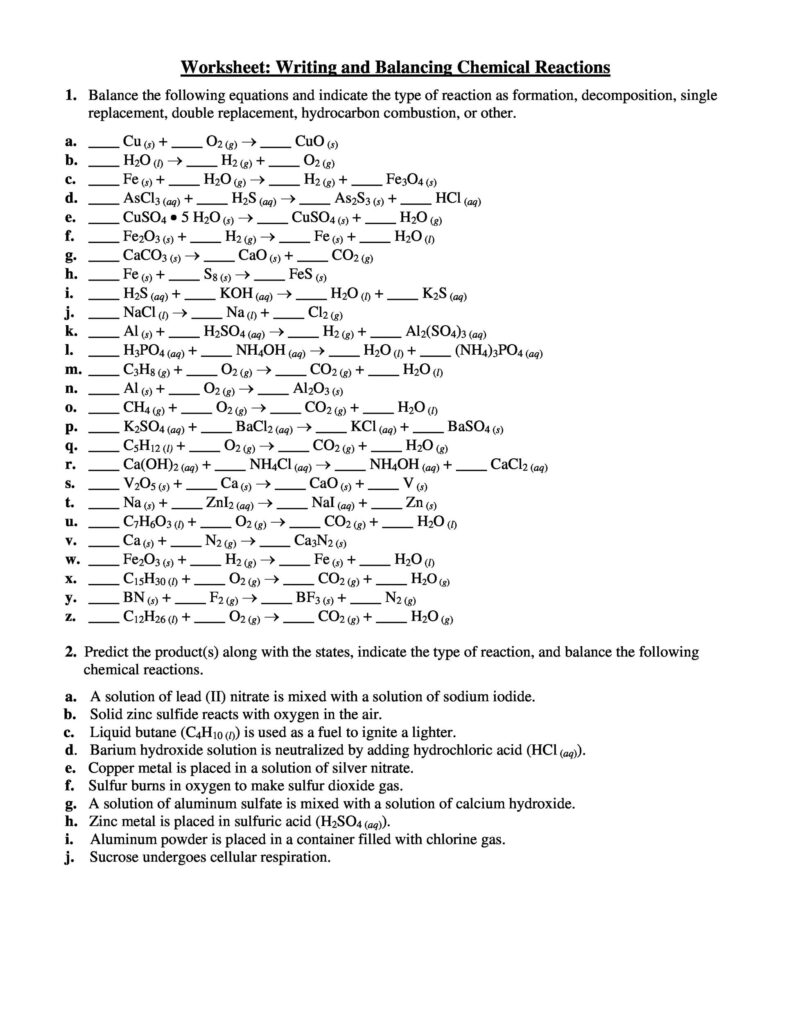 Chemistry worksheet on balancing chemical reactions