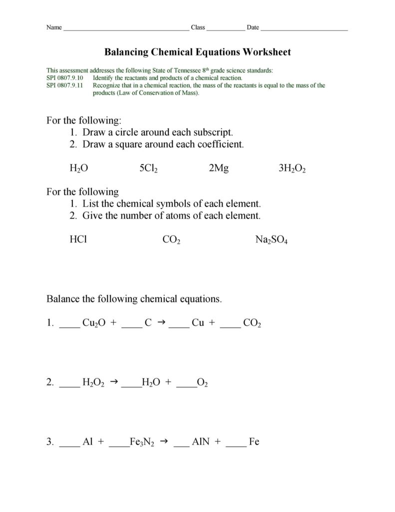 Balancing chemical equations worksheet on white paper