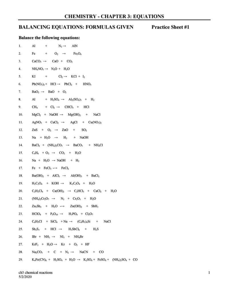 Chemistry balancing equations practice sheet with 29 problems