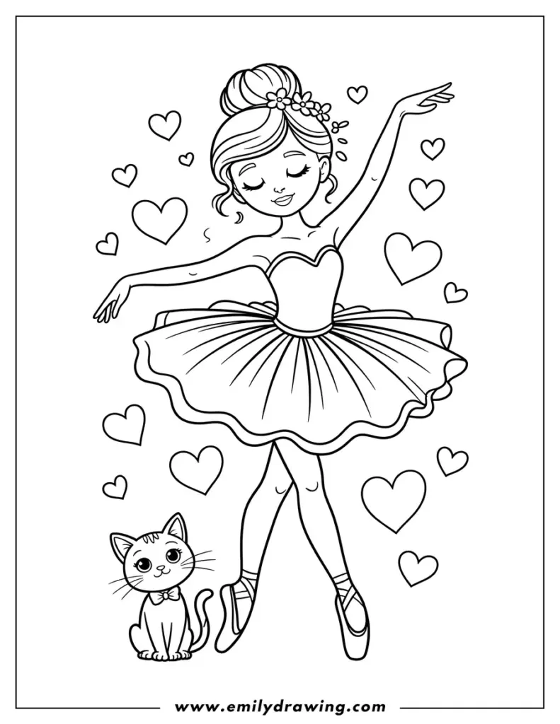Ballerina girl and cat surrounded by hearts