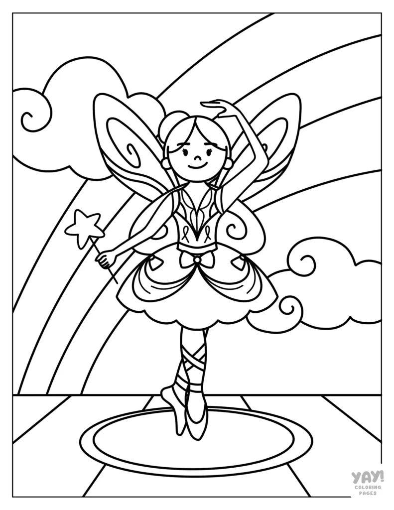 Coloring page of fairy ballerina with rainbow