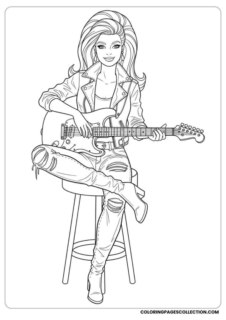 Line drawing of woman sitting on stool with electric guitar