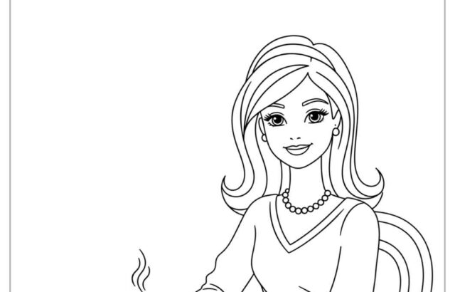 Line drawing of woman sitting at café table with tea