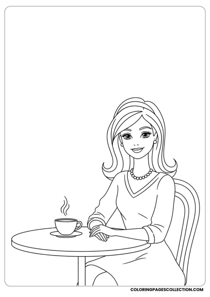 Line drawing of woman sitting at café table with tea
