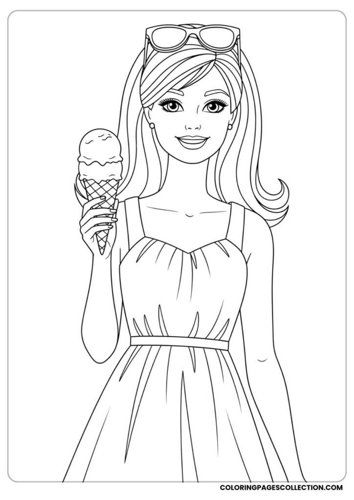Line drawing of smiling woman holding ice cream cone