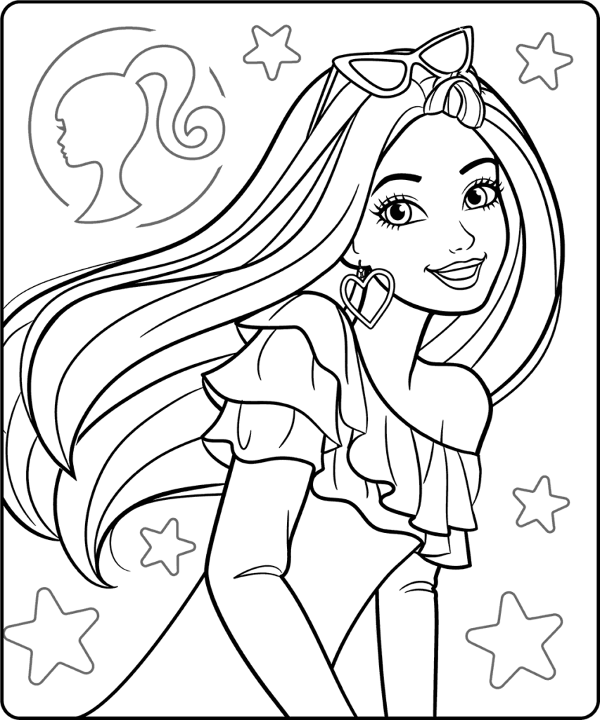 Line drawing of smiling girl with long hair and stars
