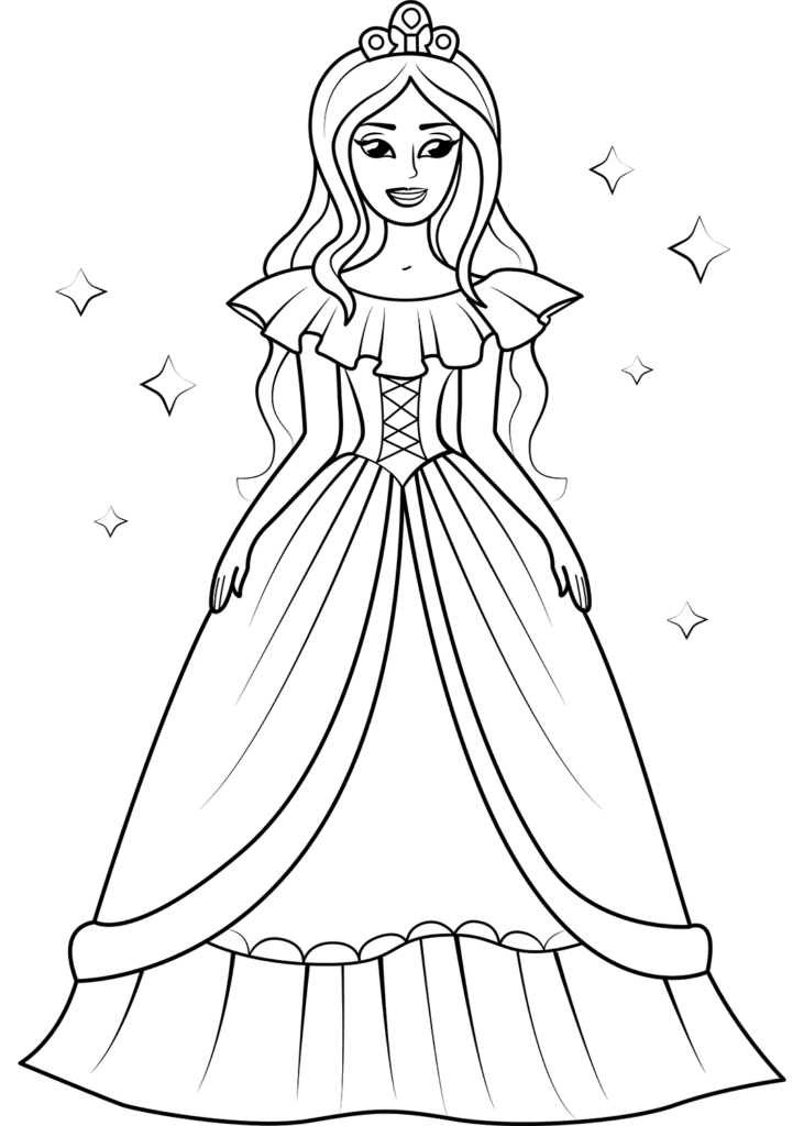 Princess coloring page with stars and long gown
