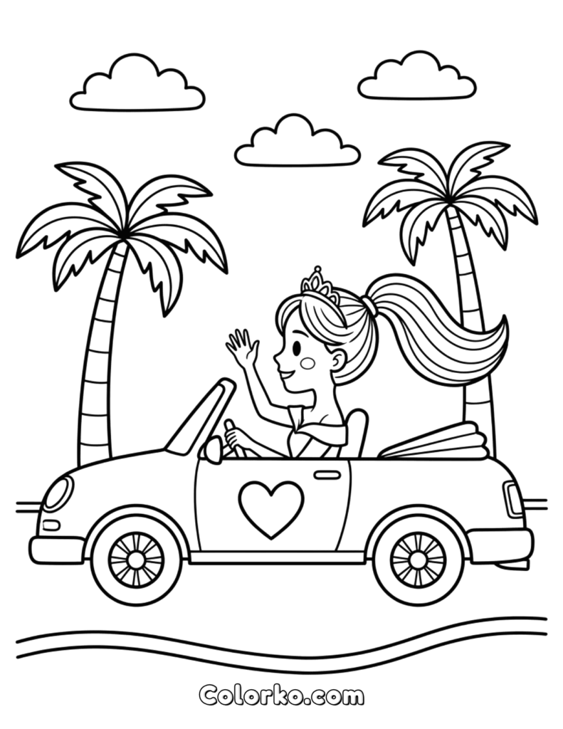 Princess driving convertible near palm trees and clouds