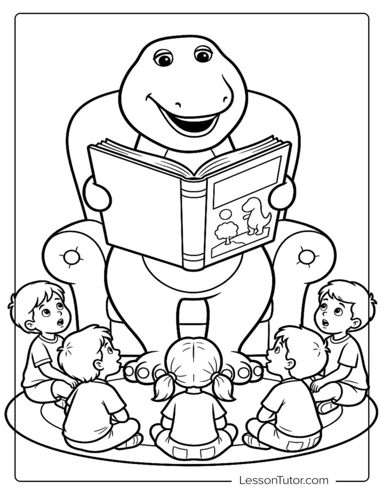 Cartoon dinosaur reading a book to seated children