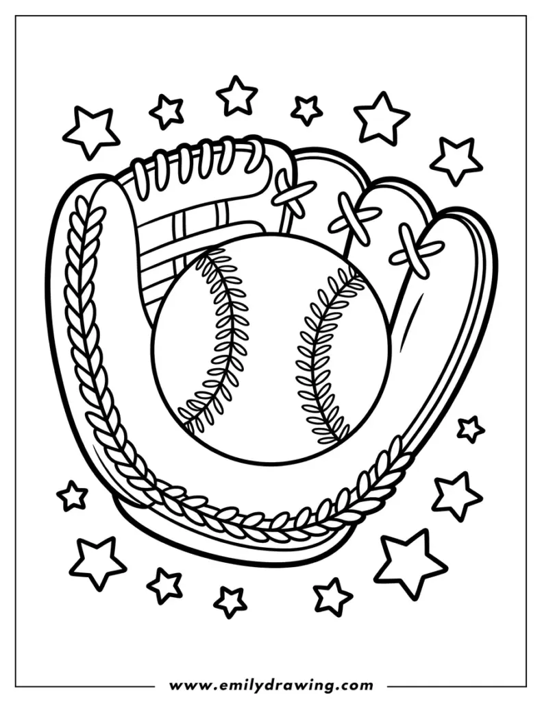 Baseball in a glove surrounded by stars