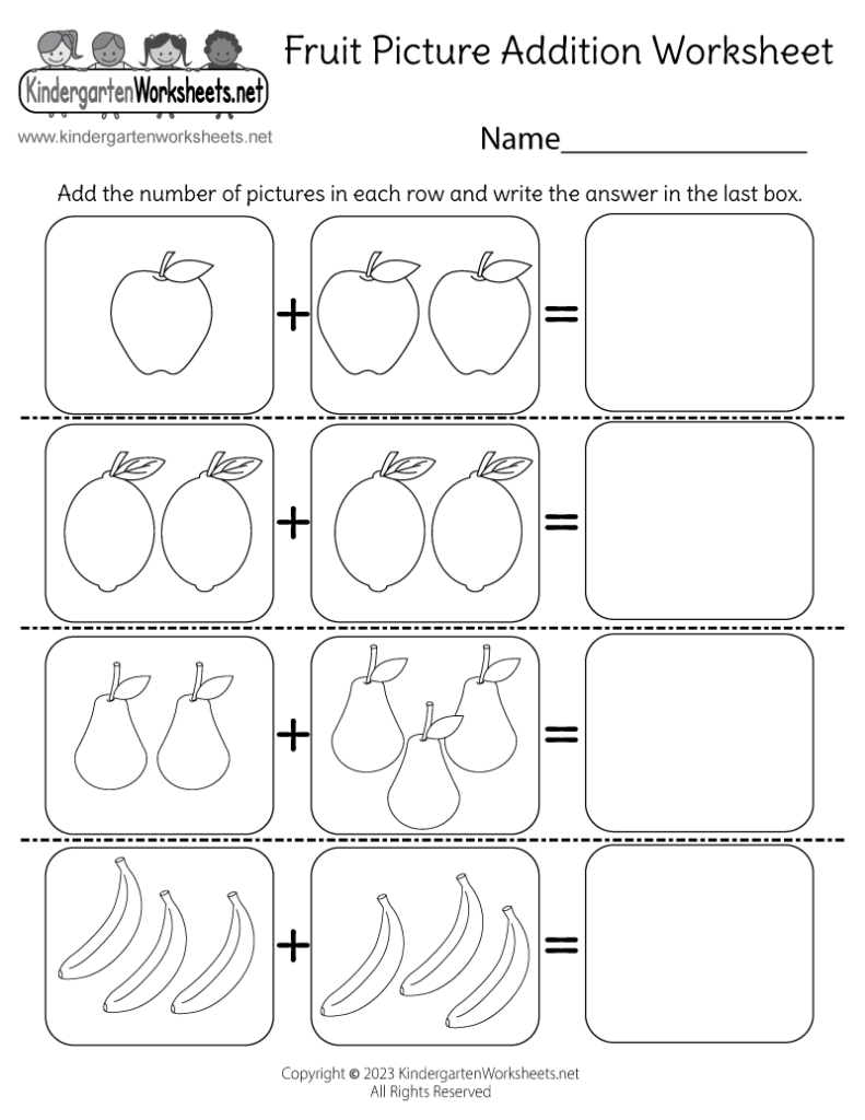 Fruit picture addition worksheet with apples, lemons, pears, bananas