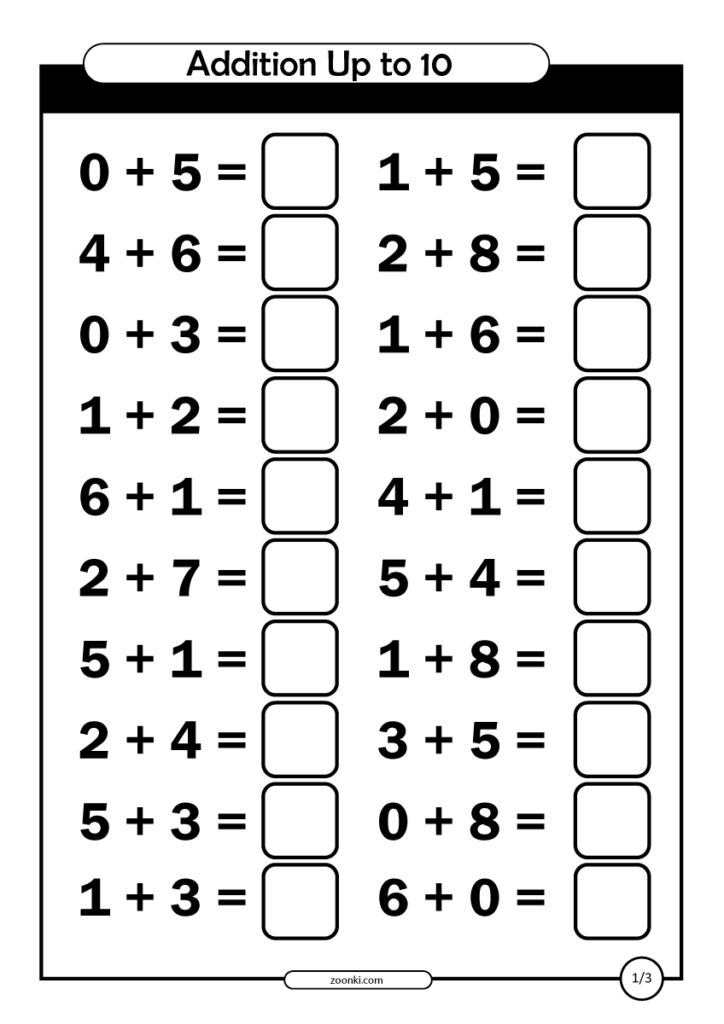Addition up to 10 math worksheet with blank boxes