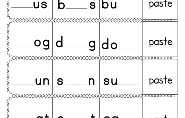 Kindergarten spelling worksheet with missing letters and pictures to match