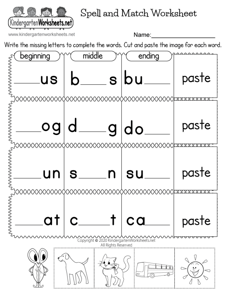 Kindergarten spelling worksheet with missing letters and pictures to match