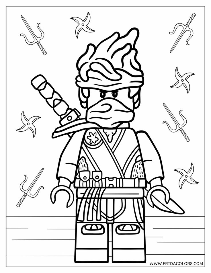 Ninja coloring page with swords and shurikens around figure