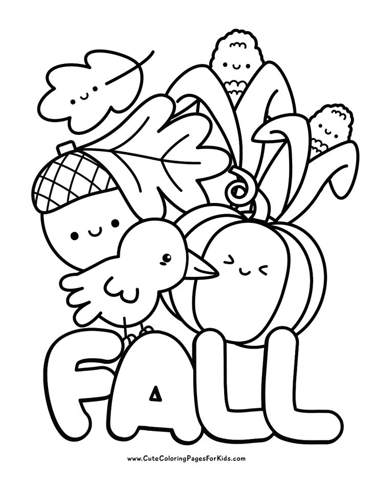 Cute fall-themed cartoon leaves, bird, acorn, and pumpkin