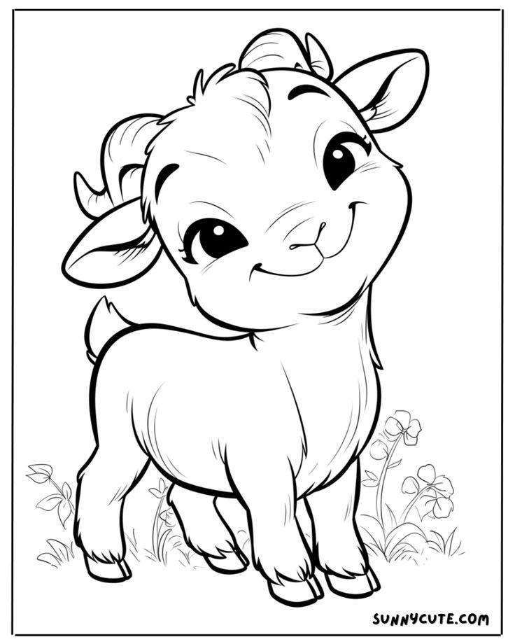 Cute cartoon baby goat in flower border drawing