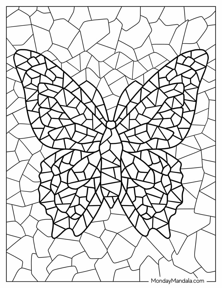 Butterfly mosaic coloring page with geometric lines