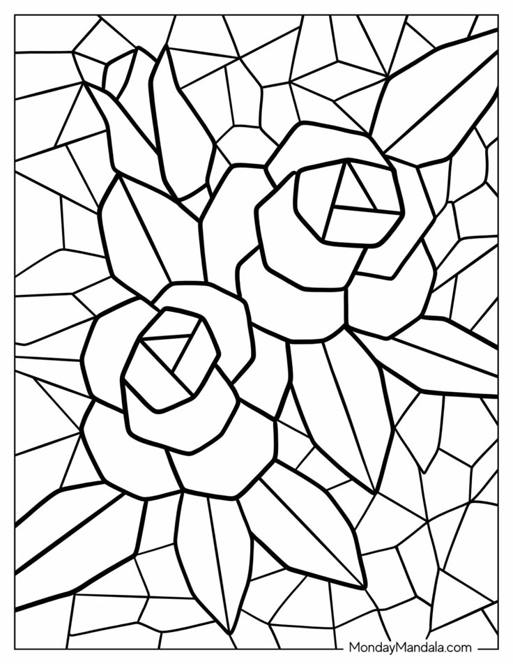 Black-and-white stained glass flower coloring page