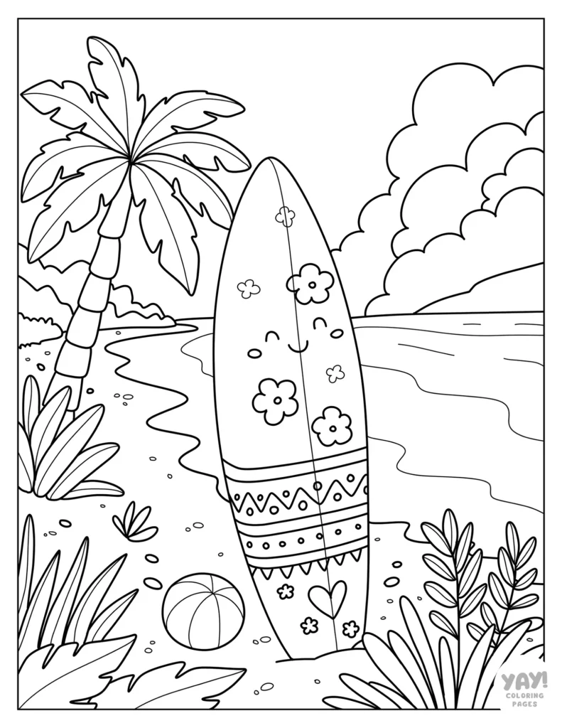 Surfboard on tropical beach with palm tree and clouds