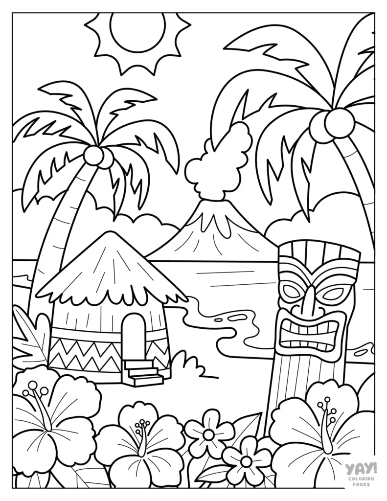 Tropical island scene with volcano, hut, palm trees, flowers