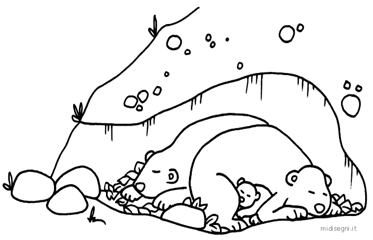 Black-and-white drawing of two sleeping bears in cave