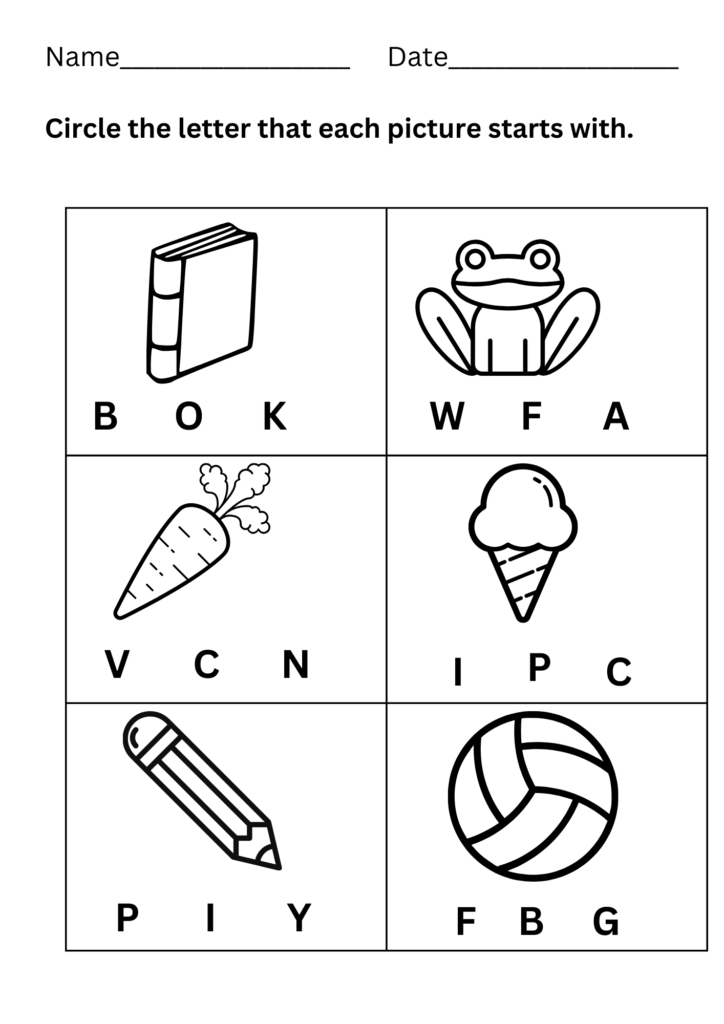 Alphabet worksheet with book, frog, carrot, ice cream, pencil, and ball drawings