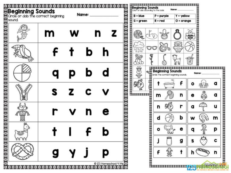 Three phonics worksheets with beginning sounds and letters