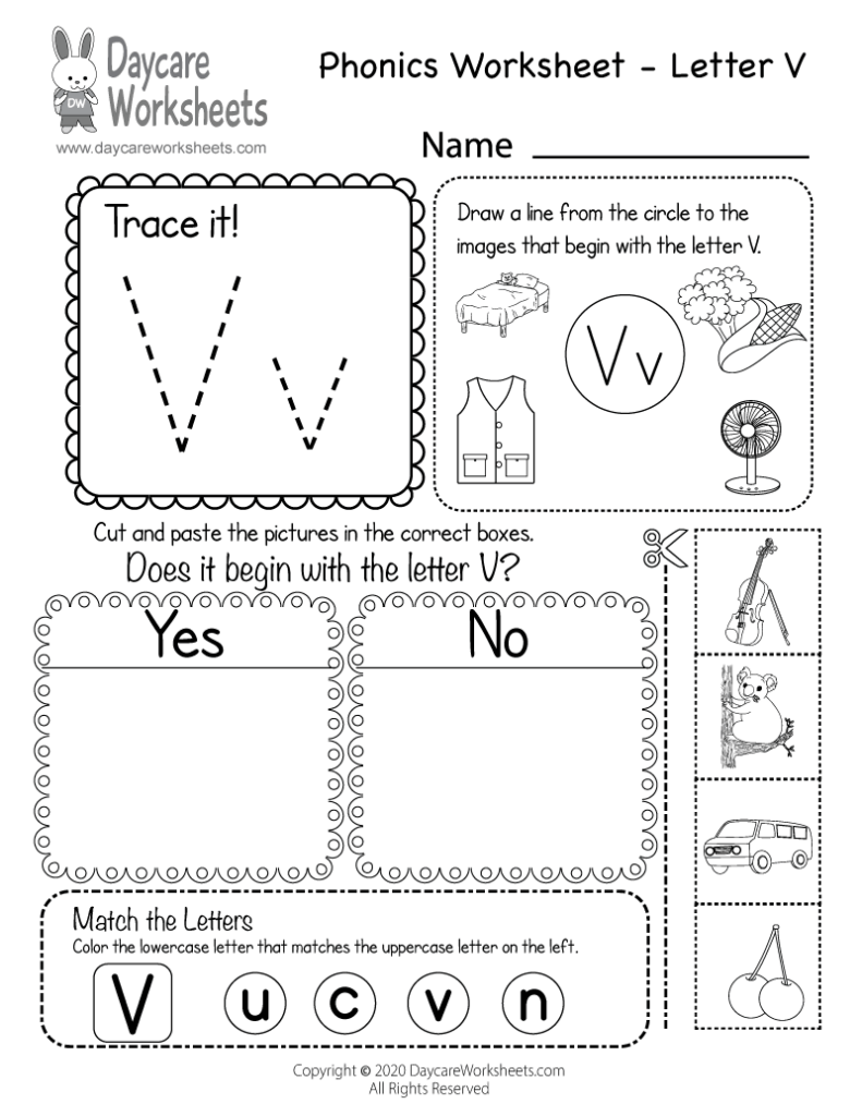Phonics worksheet for letter V with tracing and pictures