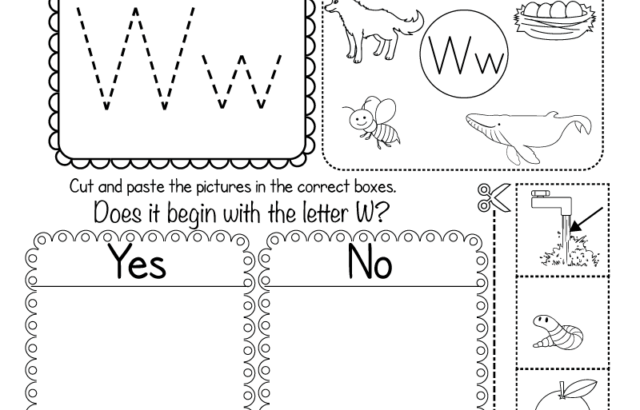 Phonics worksheet for letter W with tracing and pictures