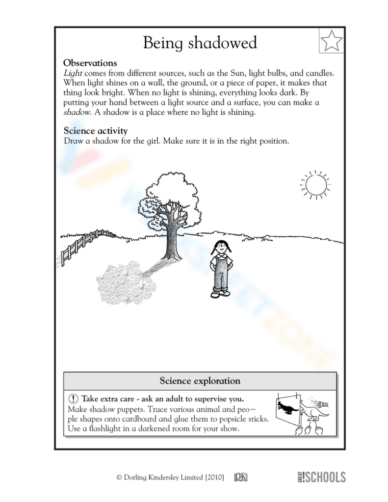Worksheet page about shadows with tree, girl, and sun illustration