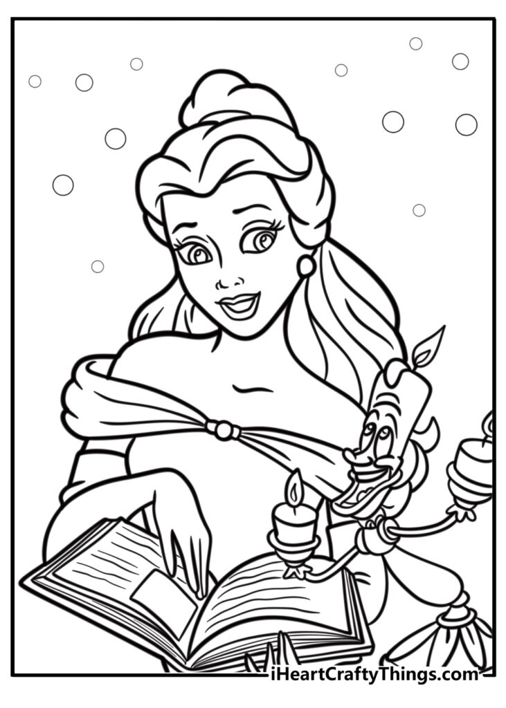 Line drawing of princess with book and candlestick