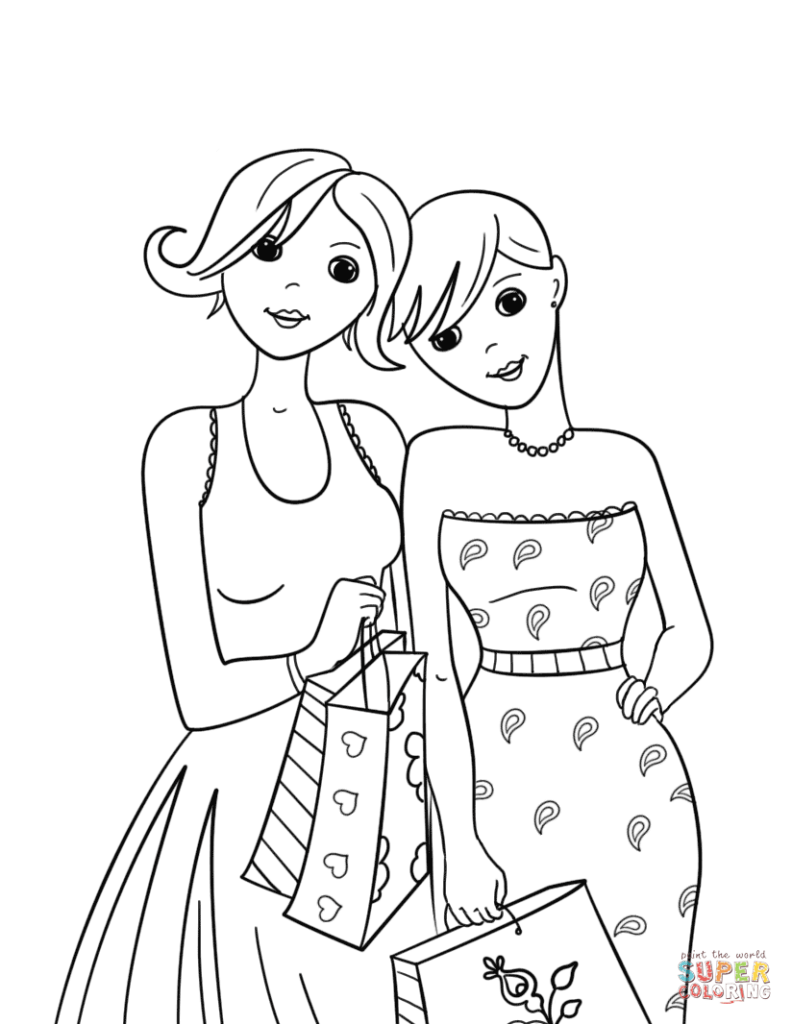 Two women holding shopping bags, black-and-white line drawing