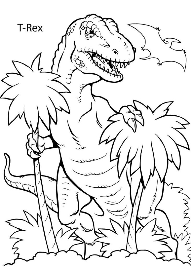 T-Rex dinosaur behind palm trees in line art