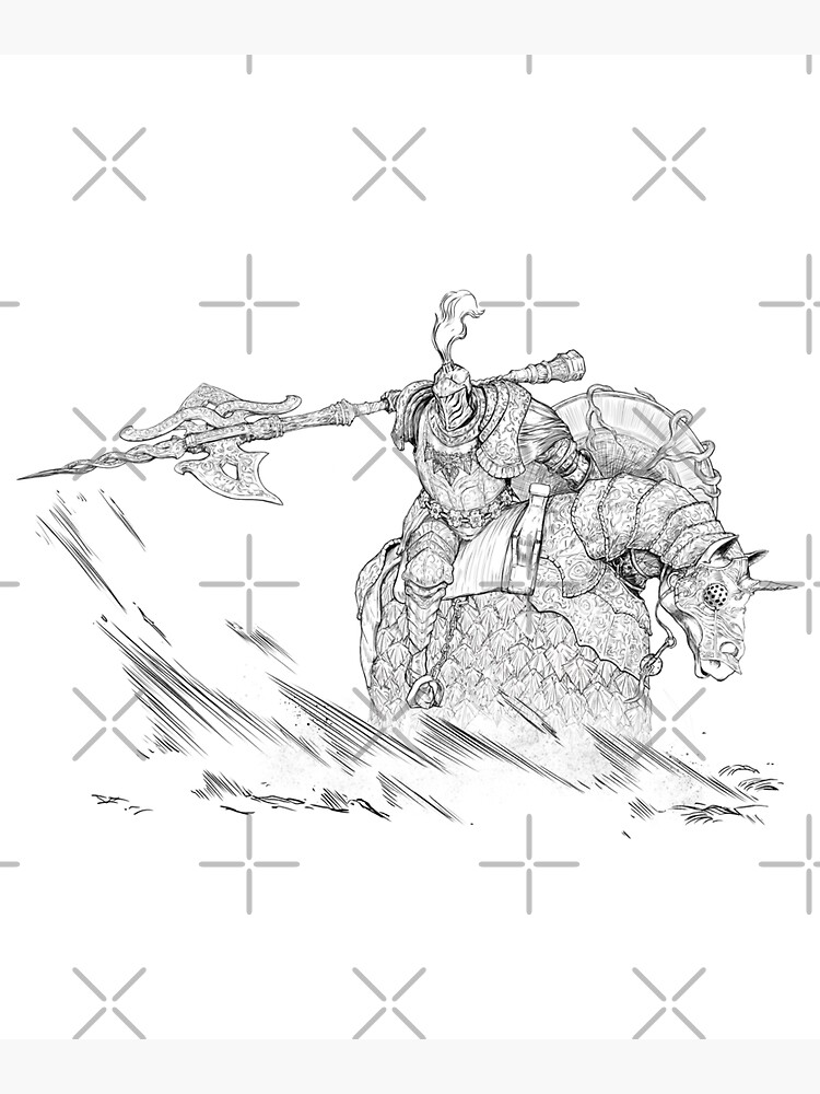 Black-and-white drawing of armored rider on horse, spear raised