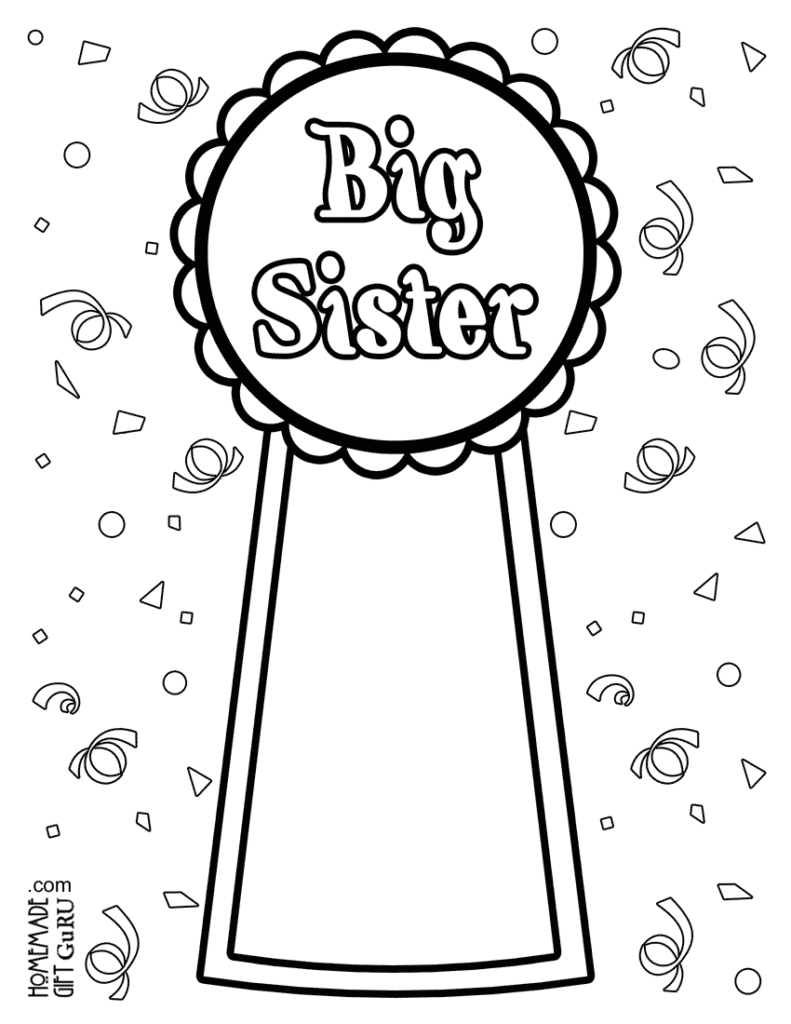 Big Sister coloring page with confetti border and ribbon