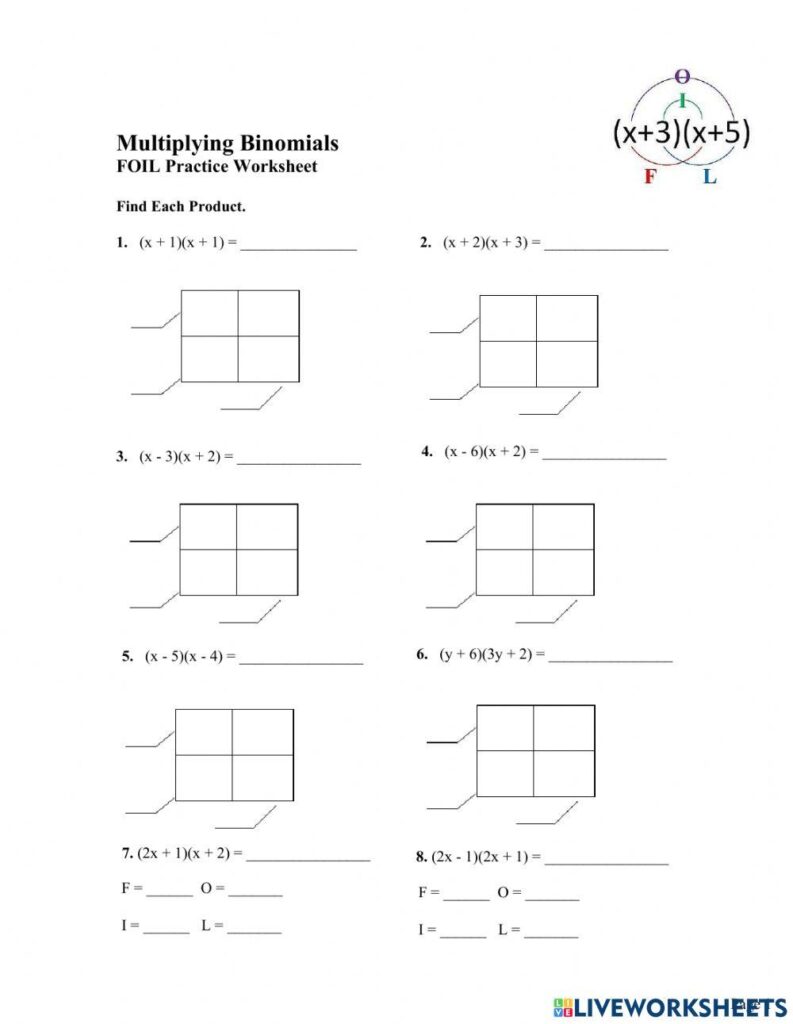 Multiplying binomials FOIL practice worksheet page