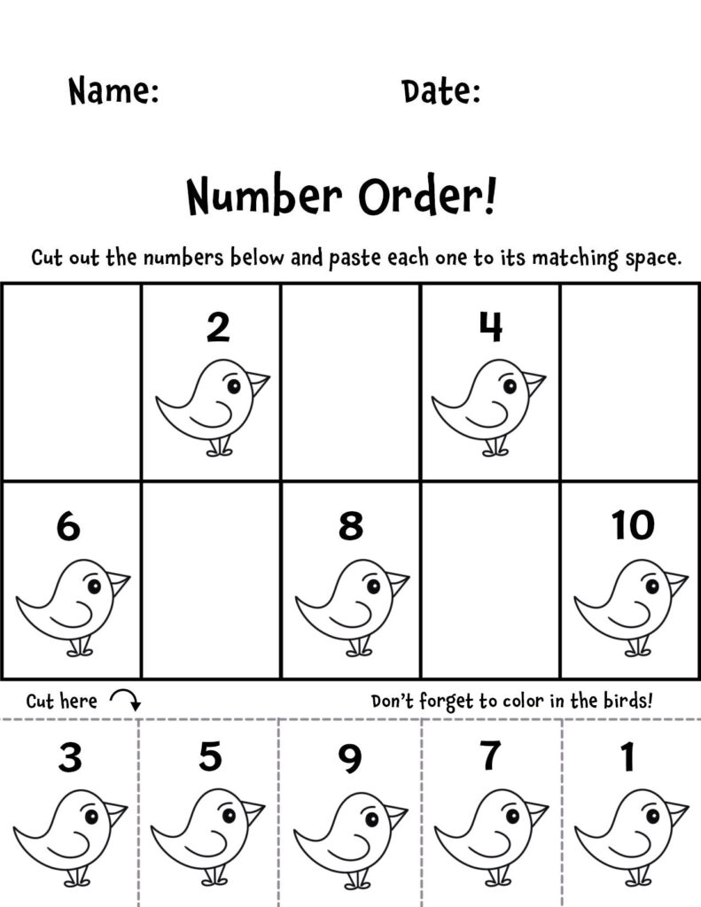 Black-and-white bird number order worksheet with cutout numbers 1–10