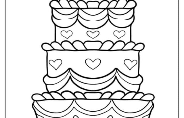 Black-and-white drawing of a three-tier heart cake with candles