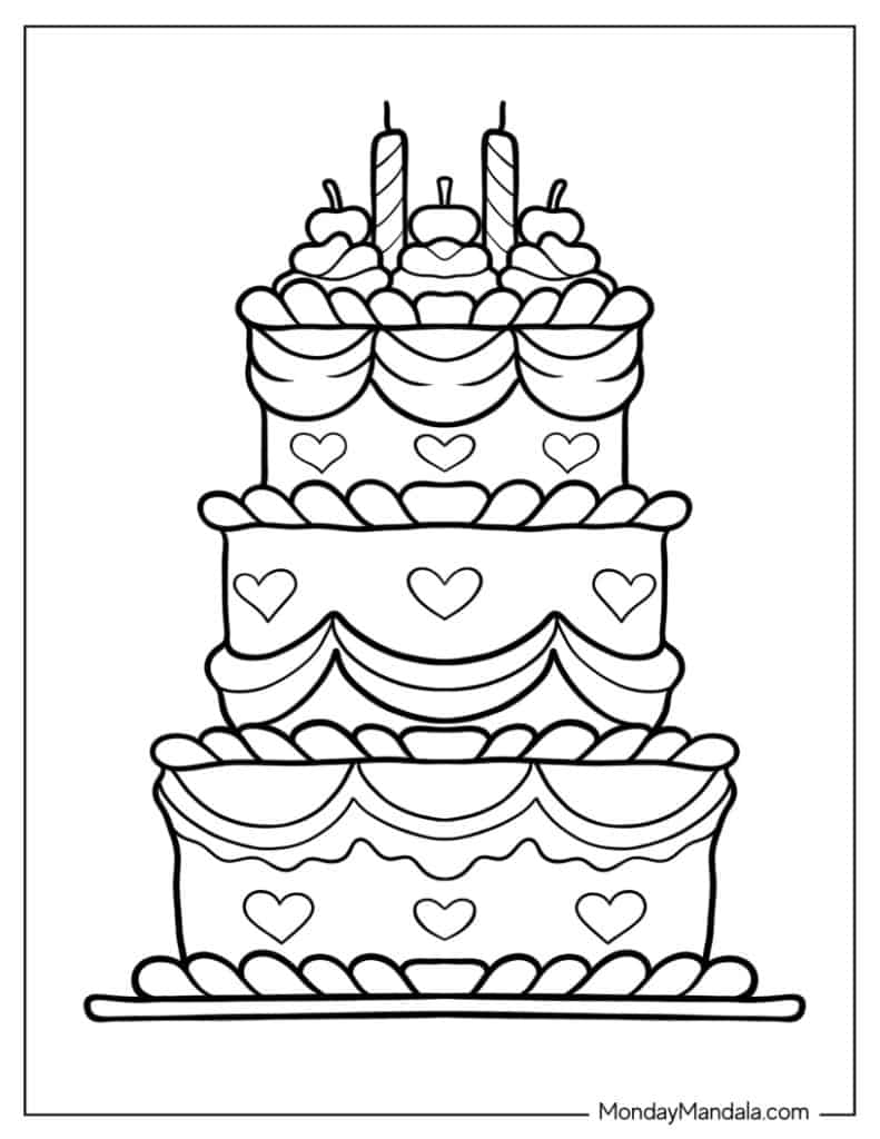 Black-and-white drawing of a three-tier heart cake with candles